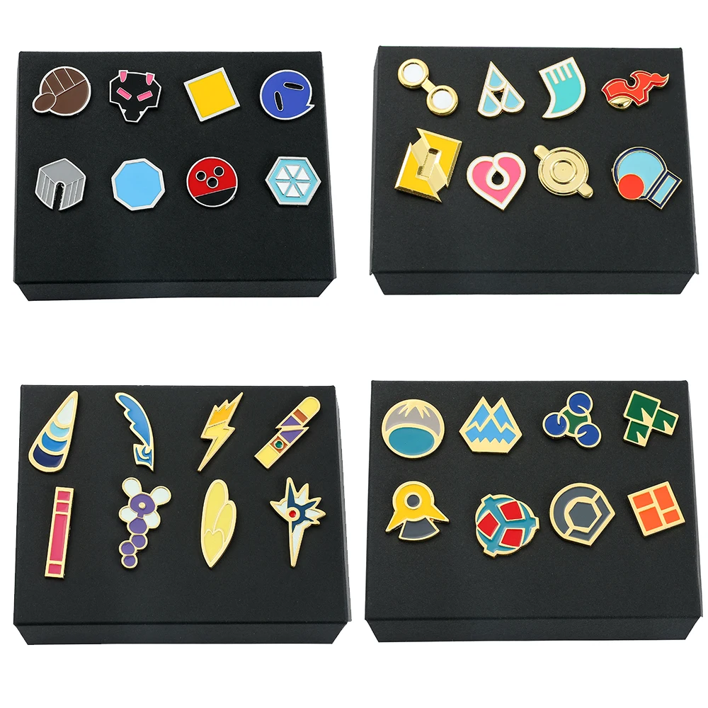 

TAKARA TOMY 8pcs/set Pokemon Elf Brooch Gym Badge Boxed Gifts Anime Figures Pikachu Ash Ketchum Toys Fans Collection Gifts