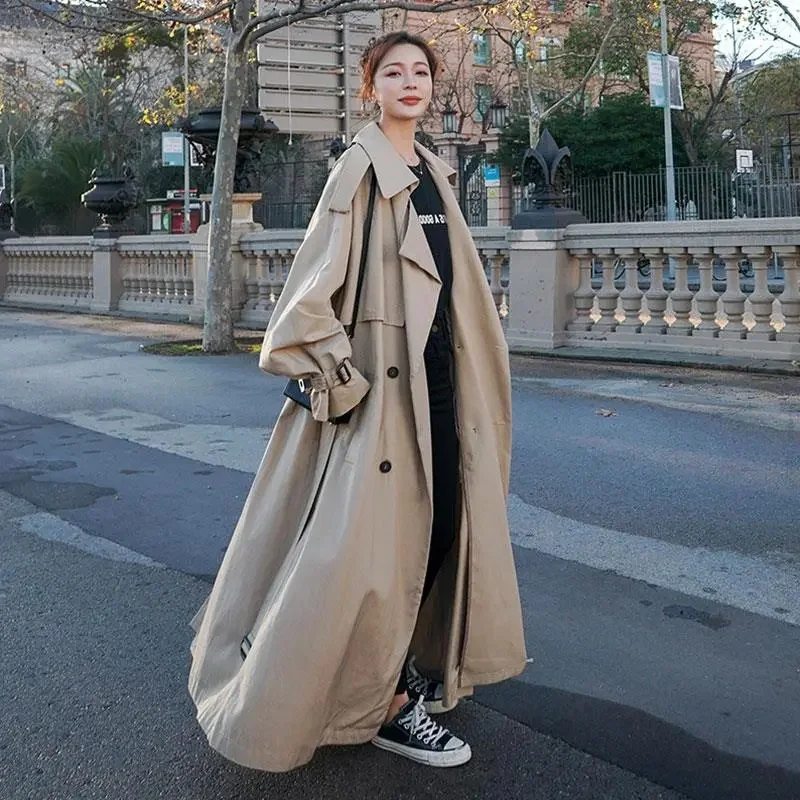 

2024 Spring Autumn Extra Long Flowy Oversized Casual Trench Coat for Women Belt Double Breasted Loose Korean Fashion