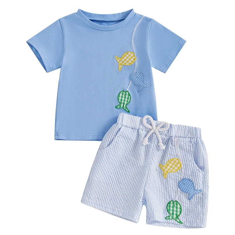 Toddler Kid Boy Summer Outfit Colorful Fish Embroidery Short Sleeve T-Shirts Elastic Waist Shorts 2Pcs Baby Boy Clothes Set