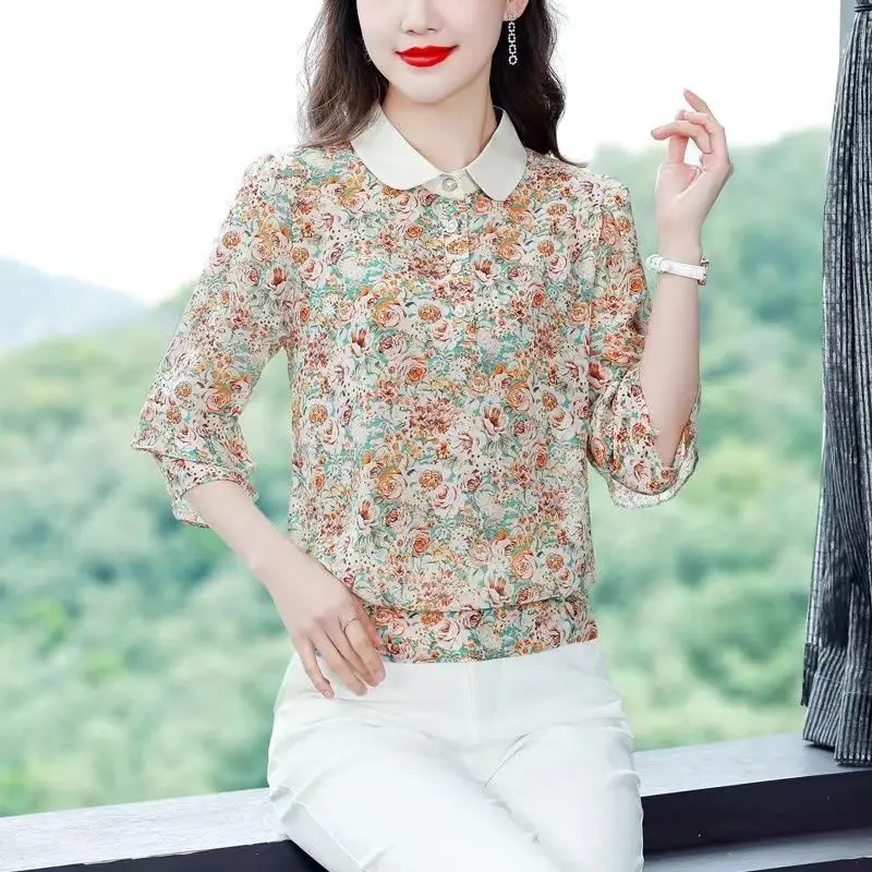 

Floral Chiffon Shirt Women's Spring New Doll Collar Shirt Seven-point Sleeve Top Fashion Bottoming Shirt 4XL