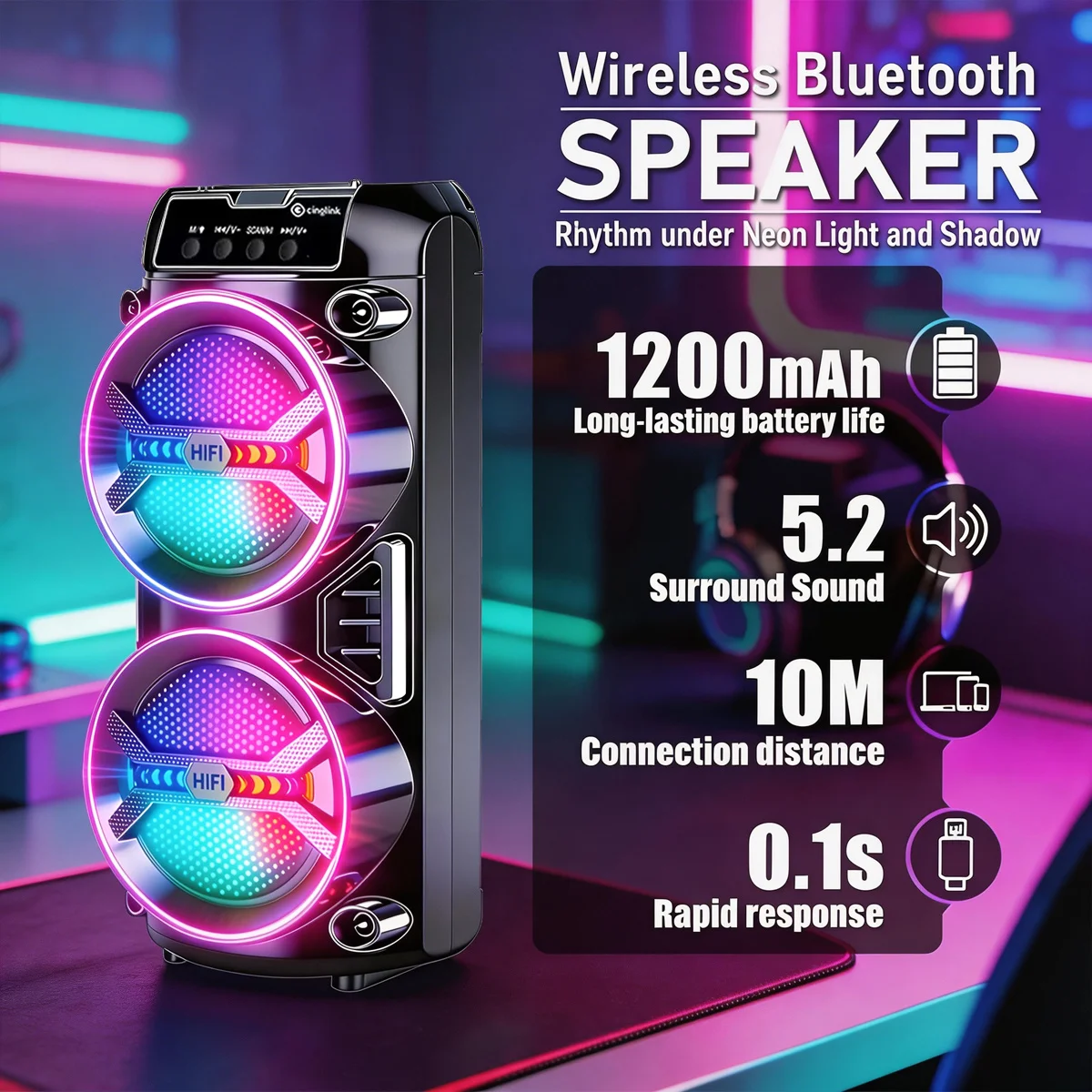 휴대용 무선 스피커 (RGB LED 조명, TF/USB/FM 라디오, AUX 입력, 야간 조명, 홈/야외 캠핑 선물용 파티 스피커)