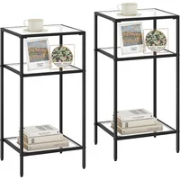 3-Tier Side Table, Set of 2 End Tables with Tempered Glass, Nightstands with Storage Shelves, Slim Sofa Table for Living Room, 1