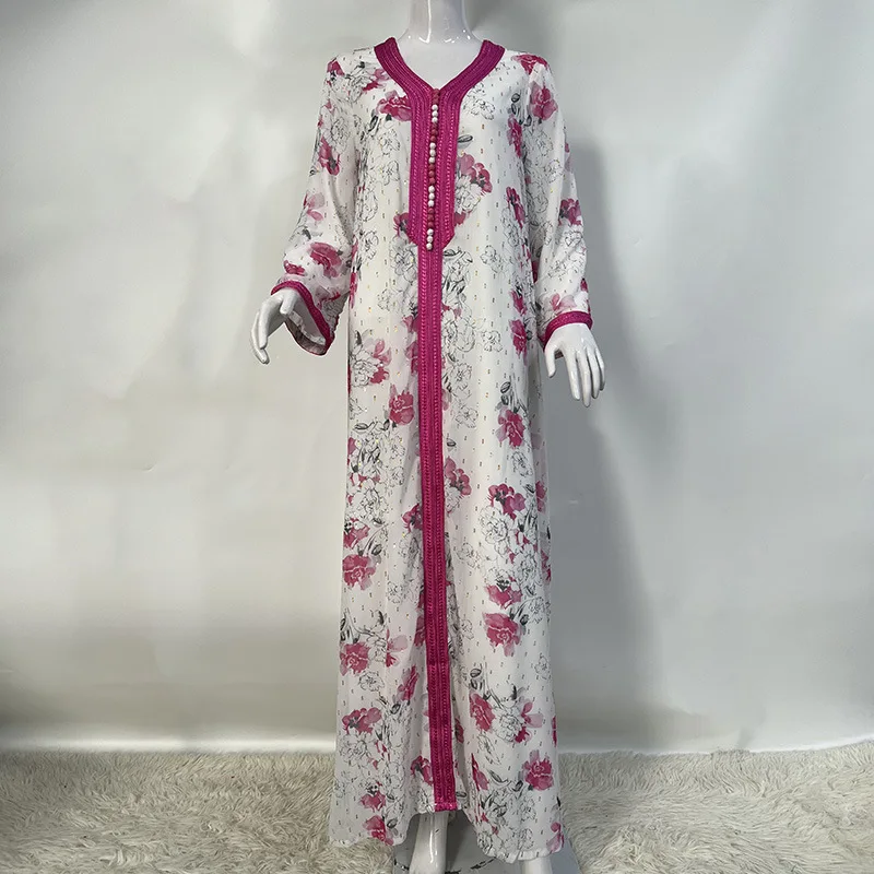 فستان نسائي طويل مطبوع عليه زهور ، والعيد ، عباية إسلامية ، والجلابية ، ورمضان ، ومروكو ، ودبي ، وعربي ، وقفطان ، وفساتين إسلامية