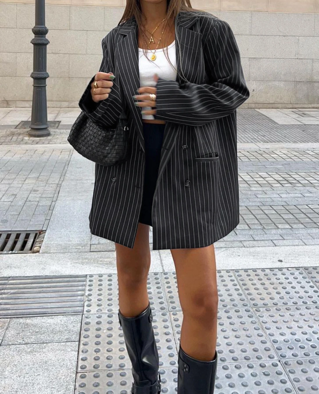 Spring Black Striped Oversized Blazer Women Loose Notched Full Sleeve Suits High Waist Long Flare Pants Halter Tank Tops