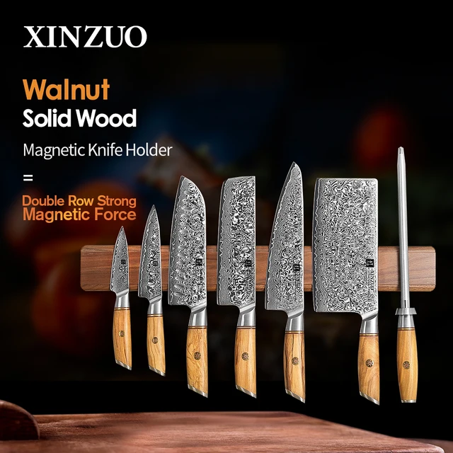 XINZUO 50 cm porte-couteau magnétique puissant couteau magnétique bande à la main noyer solide couteaux en bois support mural bloc 1