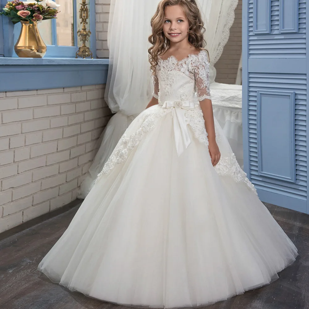 

White Lace Flower Girl Dress For Wedding Tulle Puffy with Bow Kids Birthday First Communion Princess Party Dress Ball Gown