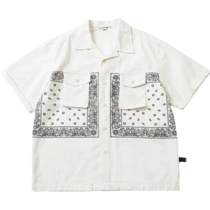 

Japanese Cashew Flower Print Short Sleeve Men's Youth Loose Cityboy Summer White Navy Shirt Casual Turn-down Collar
