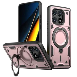 Armor Magnetic Case with Magsafe Wireless Charging and 360° Rotating Ring Stand for POCO X6 5G (Rose gold)