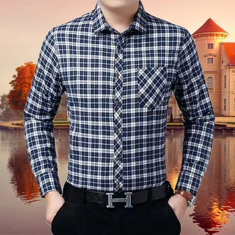 Spring Autumn Long Sleeve Slim Fashion Casual Formal Pockets Button Turn-down Collar Striped Plaid Men's Elegant Streetwea Tops