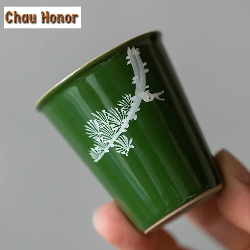 2pc/set Hand Painted Matsukaze Art Ceramic Tea Cup Japanese Emerald Glaze Small Boutique Single Master Cup Kung Fu Teaware 45ml