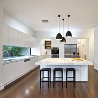 โมเดิร์นไม้สแตนเลส Beige Taverntine เคาน์เตอร์และ PAN Organizer ฐานลามิเนตบุฟเฟ่ต์ Island ตู้ครัวตู้ 3