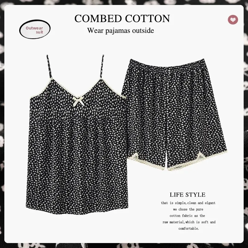 ملابس نوم صيفية تشبه القطن للنساء، سراويل طويلة بأكمام قصيرة مطبوعة بالزهور، مجموعة ملابس منزلية، ثوب نوم مريح وجيد التهوية