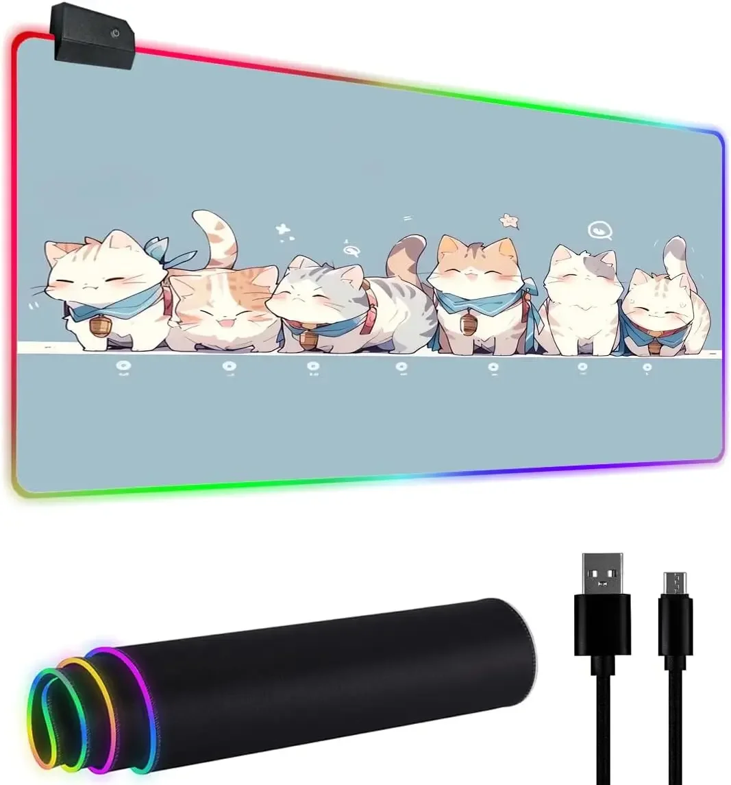 Anime Blue RGB Gaming Mouse Pad Large LED Light Desk Mat Non-Slip Base Laptop Mat Cute Animal Cats Mousepad Big Computer