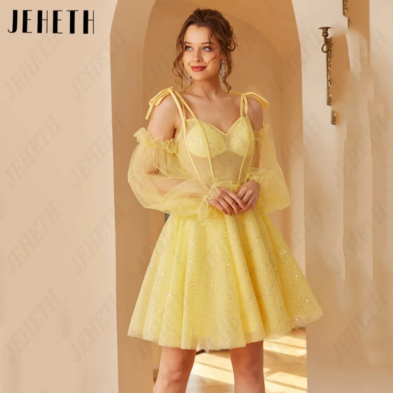 

JEHETH Yellow Mini Tulle Prom Dresses Women Detachable Puff Sleeves Evening Gown Vintage A-Line Sequin Backless Robes De Soirée