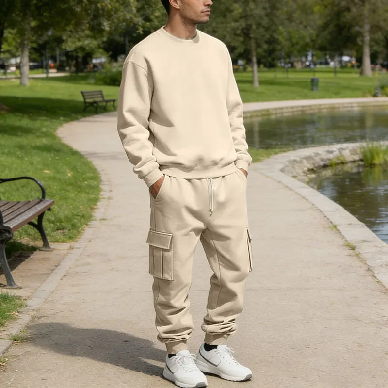 Herren Fleece Rundhals-Sweatshirt-Set Locker Lässiges Langarm-Zweiteiler-Set Herbst Winter Bequemes Sweatshirt Cargo-Hose – Detail 24