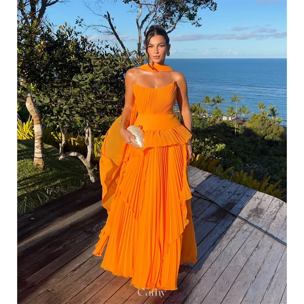 Cathy Customize Orange Draped Chiffon A-line Prom Dress Simple Strapless vestidos de noiva Floor-length Evening Dresses 2025