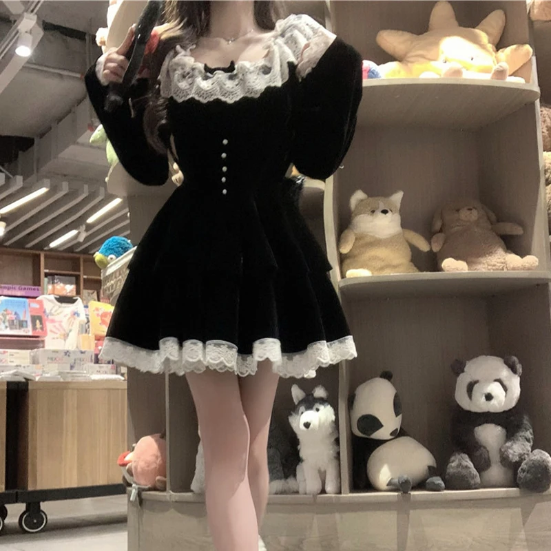 Vestido Y2K para mujer, ropa estética, con encaje, escote redondo, manga larga, corte A, minivestido de terciopelo, vestidos de fiesta, ropa de calle