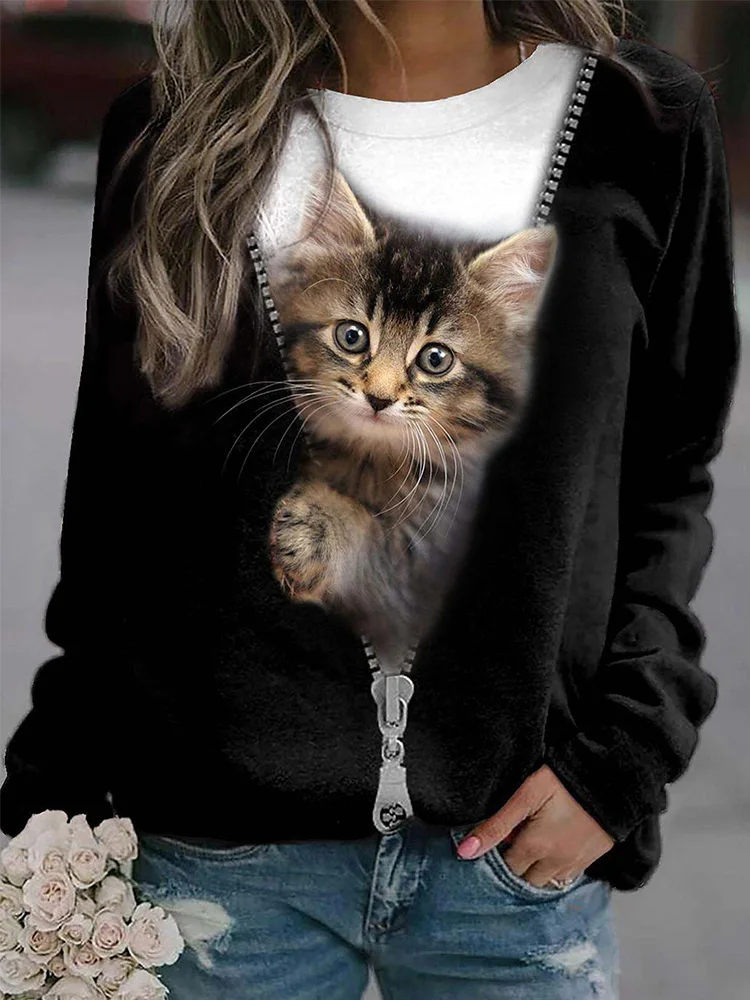 플러스 사이즈 5XL 여성용 긴 소매 크루 넥 티셔츠 다채로운 고양이 3D 프린트 플러스 사이즈 여성용 오버 사이즈 루즈 캐..