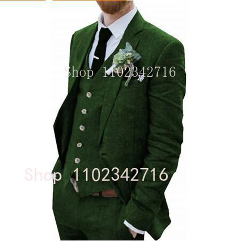 Costume Homme 3 Piece Linen Men Suits 2023 Groom Tuxedo for Wedding Groomsman Summer Beach Male Suit (Jacket+Pants+Vest) Terno 4