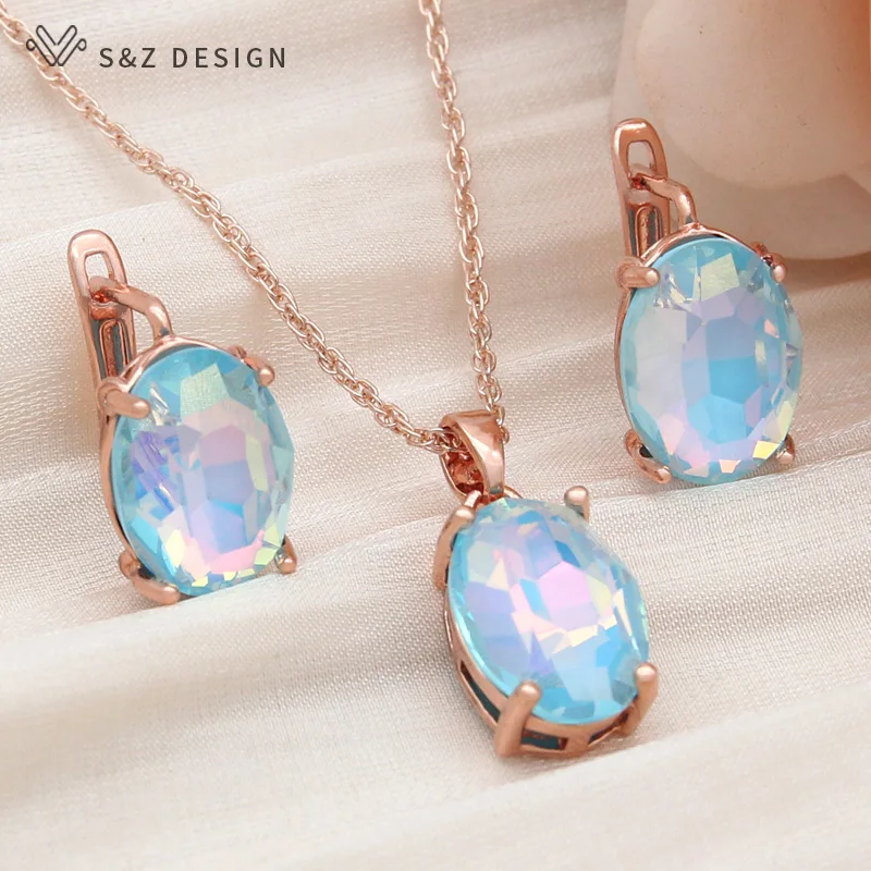 S&Z DESIGN New Fashion Oval Egg Shape Crystal Drop Earrings Jewelry Sets For Women Wedding Party Pendant Necklace Gift
