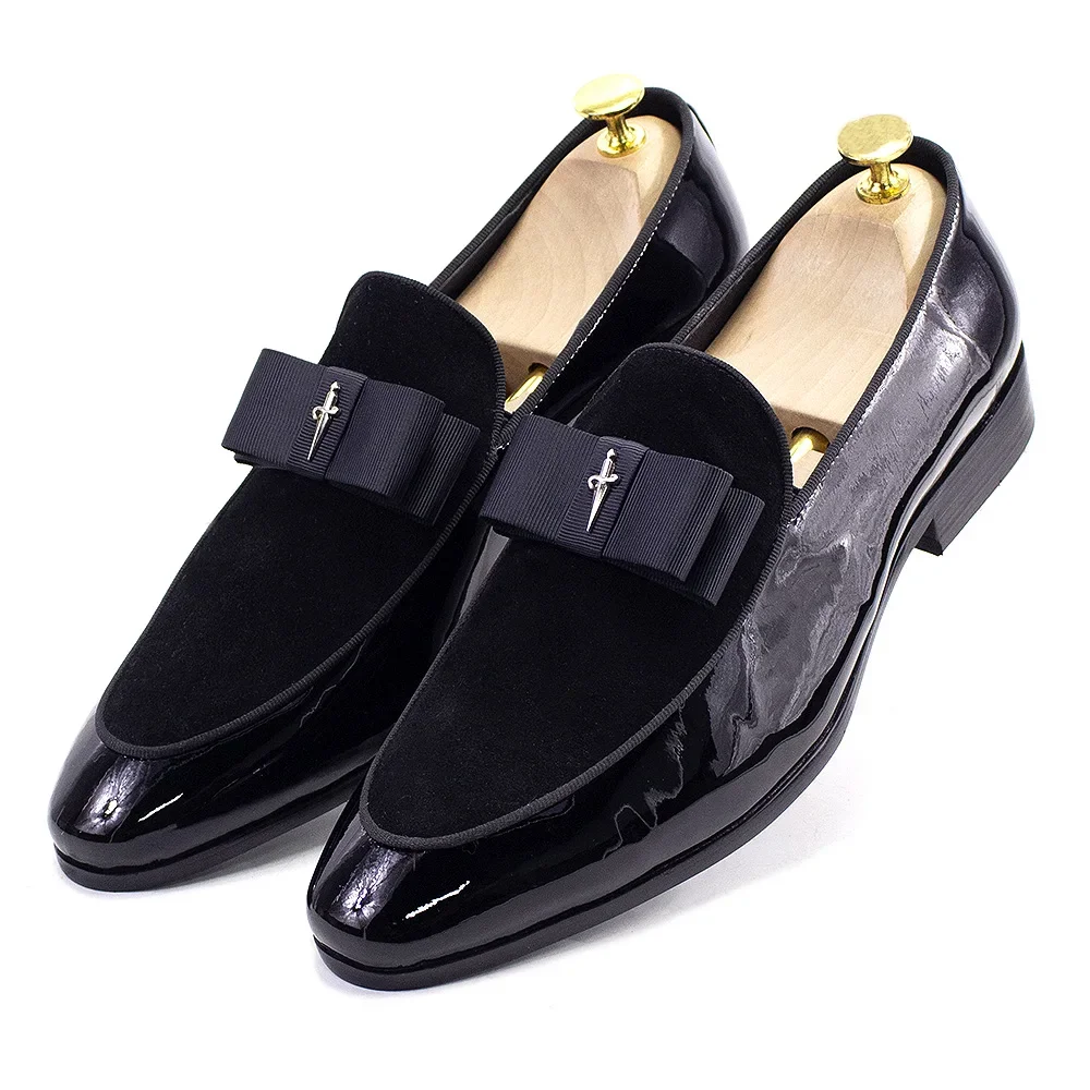 Handmade Men's Genuine Leather Patent Suede Loafers Patchwork Bow