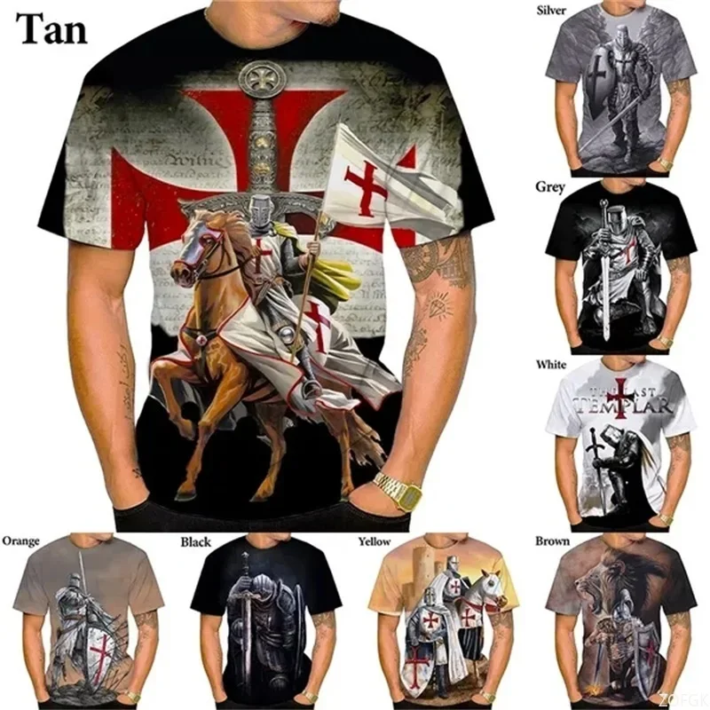 Ritter Templer 3D-Druck T-Shirt für Herren, Kreuzritter-Kreuz Krieger Pferd Grafik Casual Streetwear Mehrere Farben Streetwear