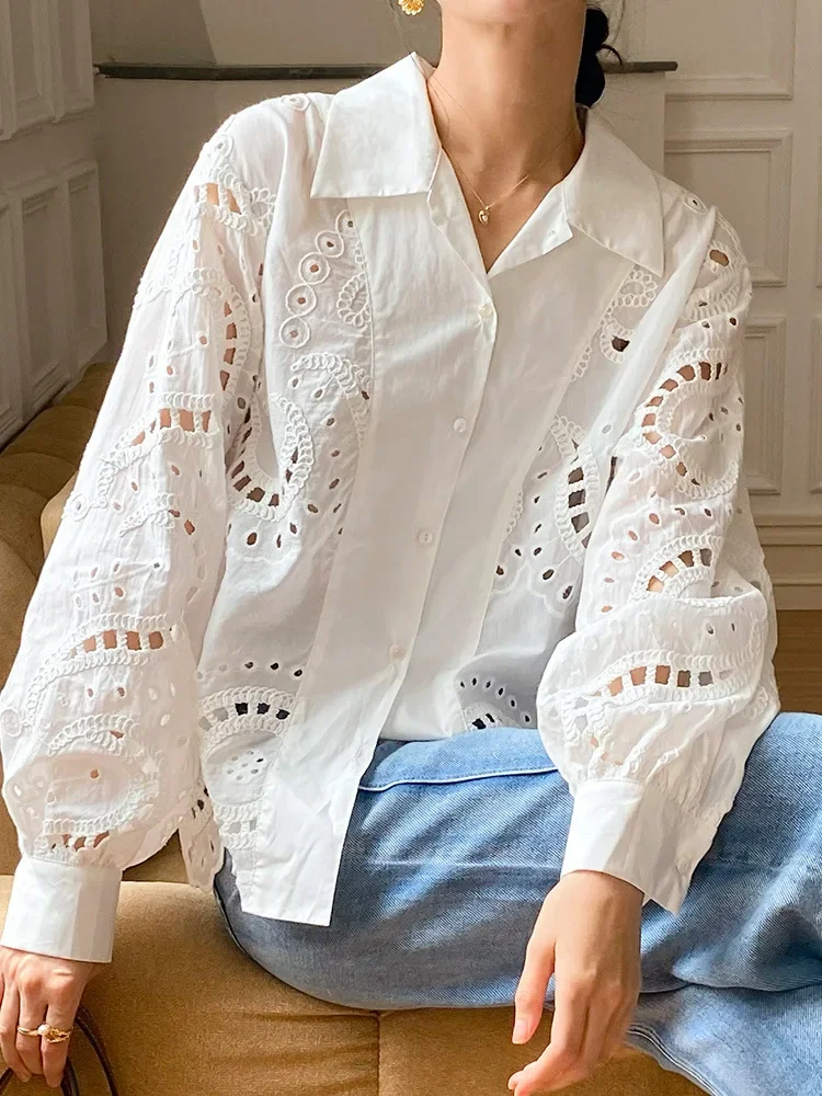 French Loose Chic Button Heavy Lace Cutout Flower Panel Long Sleeve Stand Collar Shirt