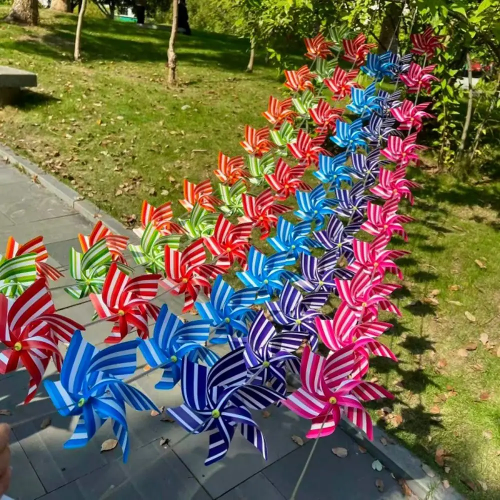 10개/세트 21cm 아치형 복도 풍차 줄무늬가 있는 화려한 색상의 6잎 바람개비, 스틸 와이어 로프 플라스틱 포함