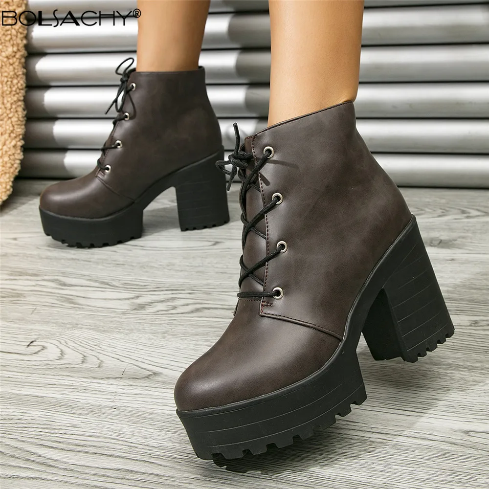 

Boots Women 2024 Spring Autumn Shoes Female High Heel Booties Lace-up Platform Ladies Zapatos De Mujer Black Beige Brown 33-43