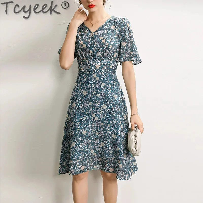 

100% Tcyeek Mulberry Silk Elegant Women's es 2024 Summer Clothes for Women V-neck Print Dress Waist Vestido Feminino