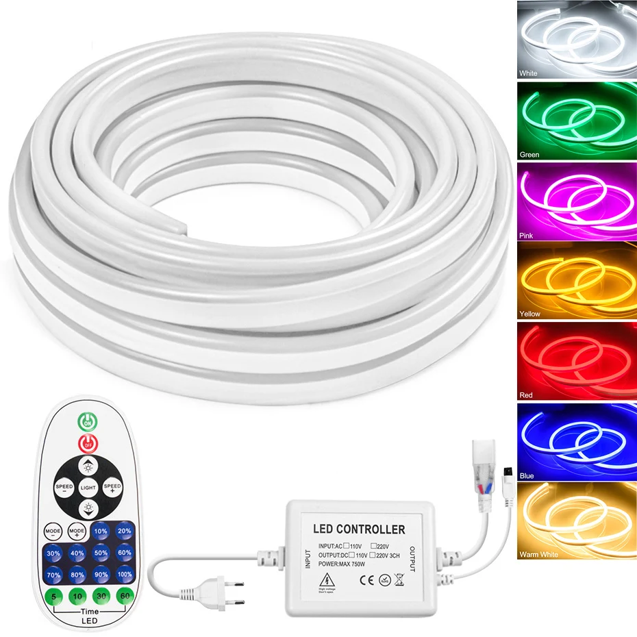 

220V LED Neon Strip SMD 2835 120LEDs/M Waterproof Neon Light Dimmable Flexible Tape Ribbon Warm/White/Red/Green/Blue/Pink/Yellow