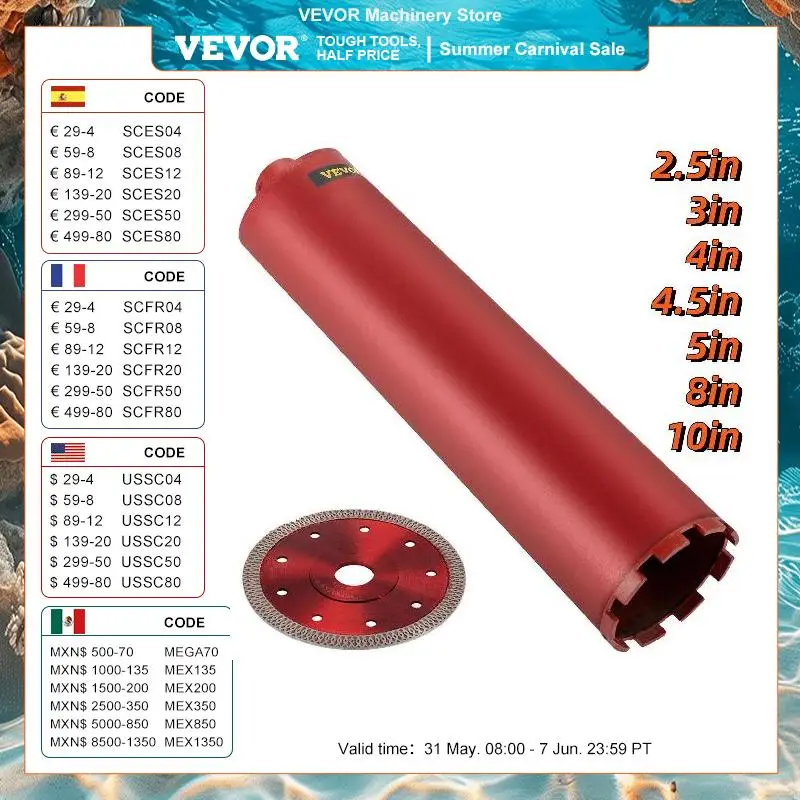 VEVOR Wet Diamond Core Drill Bit 2.5-10in Dia. With Blade 5/8in-11 Universal Thread for Drilling Concrete Brick Masonry Marble