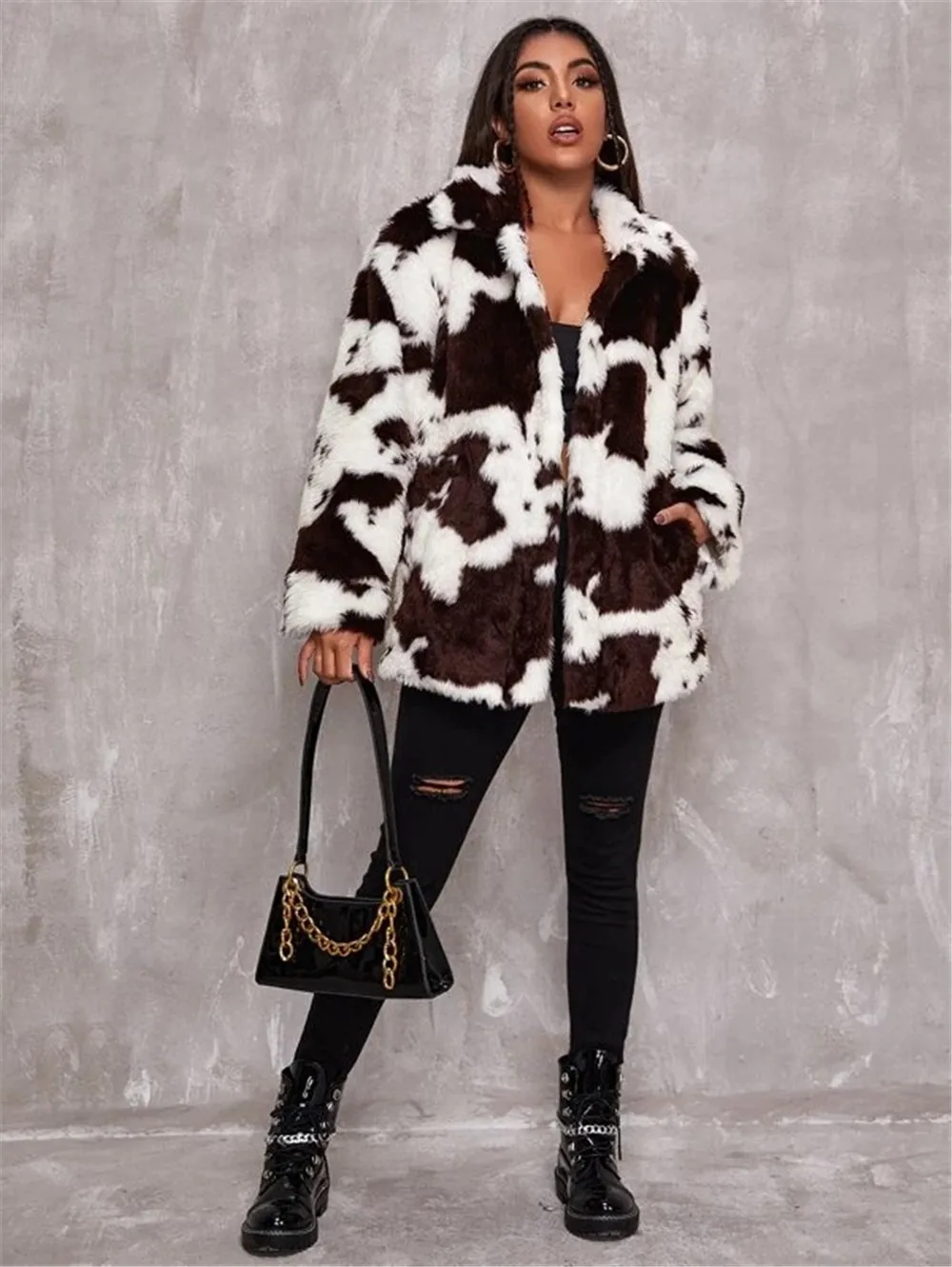 Trendy2KImitation Fur 'S Autumn Winter Cow Print Black And White Women'S  Casual Loose Rabbit Hair Warm Coat