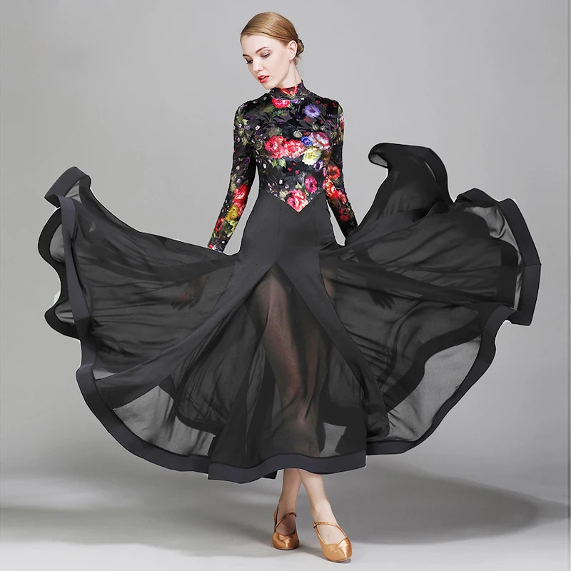 

Adult Women Ballroom Dance Dress Velvet Flower Print National Competition Ballroom Dancewear Female Large Swing Evening Dresses