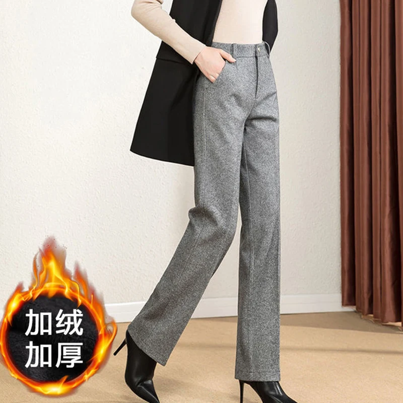 Women Woolden Wide Leg Pants Korean Fashion Plus Velvet High Waist Pantalones All-Match Lady Office Large Size Suit Trousers