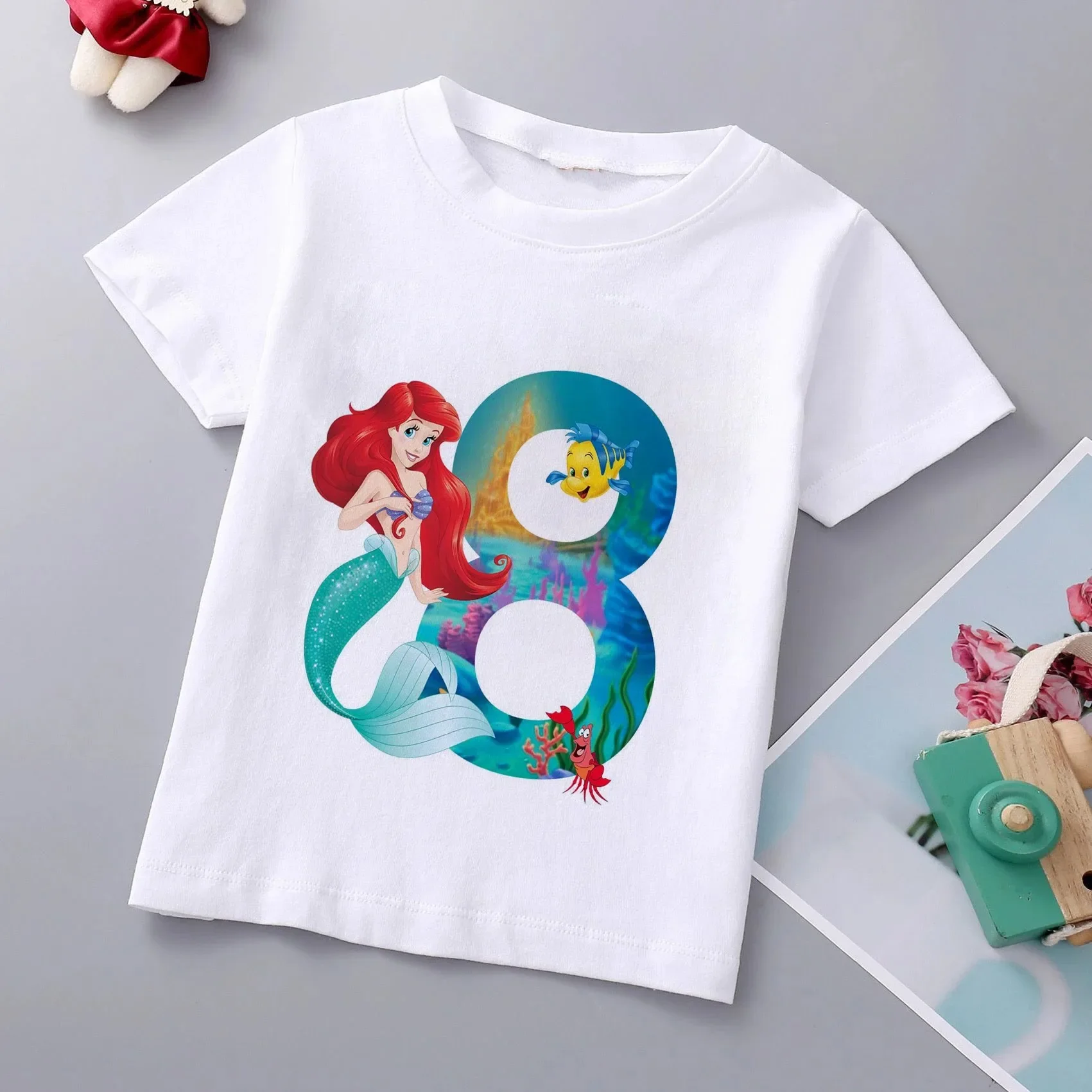 thumbnail image 1 of Camiseta de algodón con estampado de princesa sirena de Disney para niñas, ropa para bebés de princesa Ariel, top de dibujos animados para niños de 1 a 9 años, cumpleaños para niños, 1 of 5