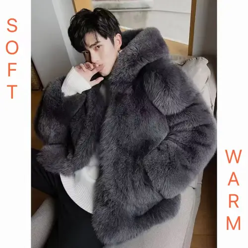 2024 New Winter Thicken Men's Fur Warm Soft Artificial Fox Plush Hoodies with Hat Fashion Light Luxury Top Coat Male Windbreaker - Image 3