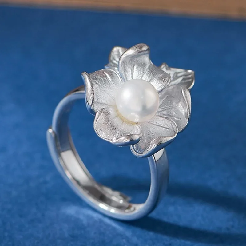 S925 sterling silver rings for Women New Fashion Palace style flowers shaped freshwater pearl ancient jewelry Christmas gift