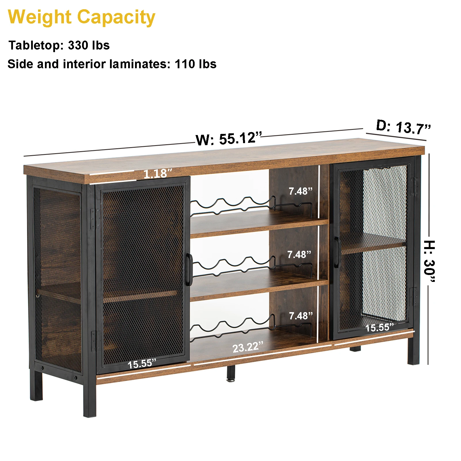 Household LED wine bar cabinet, farmhouse coffee bar with 2 hinged doors, adjustable wooden and steel table with bottle rack