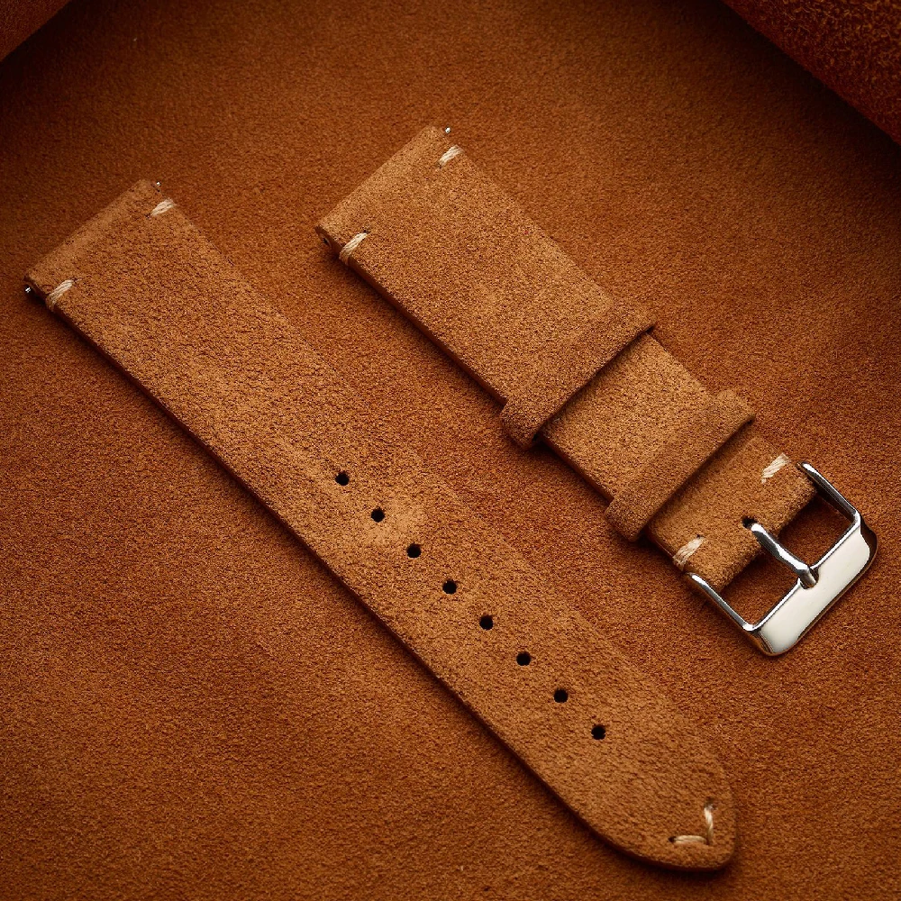 Elegant Brown Genuine Leather Suede Watch Band - Quick Release Strap, Available in Multiple Sizes