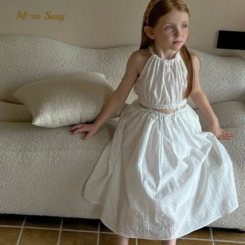 

Хлопковая кружевная одежда для маленьких девочек, комплект из двух предметов: топ на бретельках и юбка для младенцев и малышей, винтажный костюм без рукавов, детская одежда