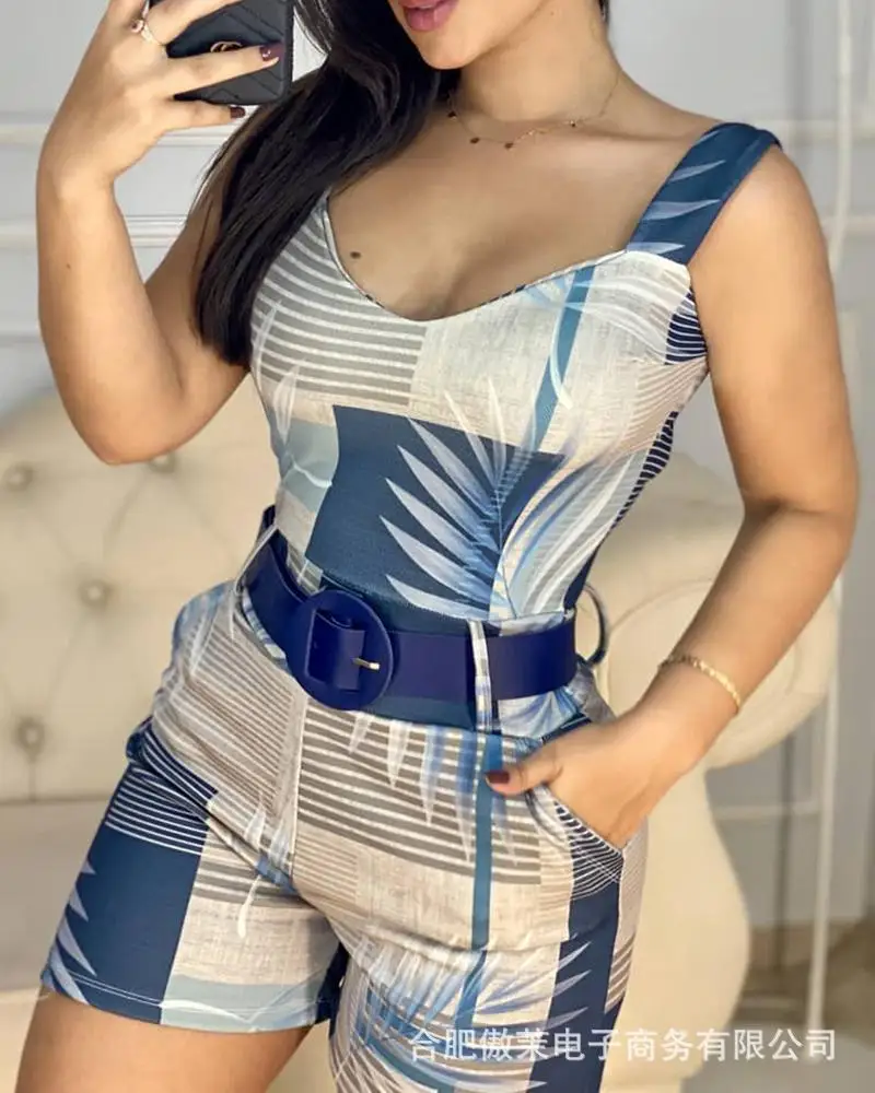 Women's Summer Low Neck Suspender with European and American Plant Print Color Blocking Belt Tight Fitting Jumpsuit Shorts