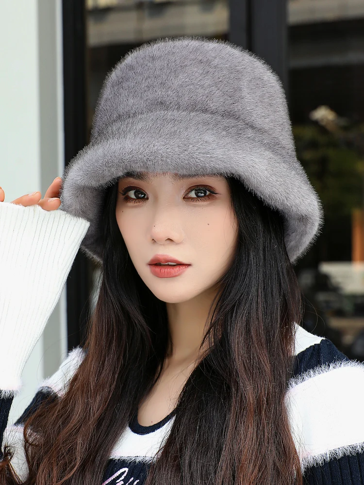 Women Bucket Hat Women Hat Bucket Hat False Mink Fur Bucket Elegant Women's Winter Caps New Design Fashion Artificial Fur Hats Knitted Warm False Mink Beanies