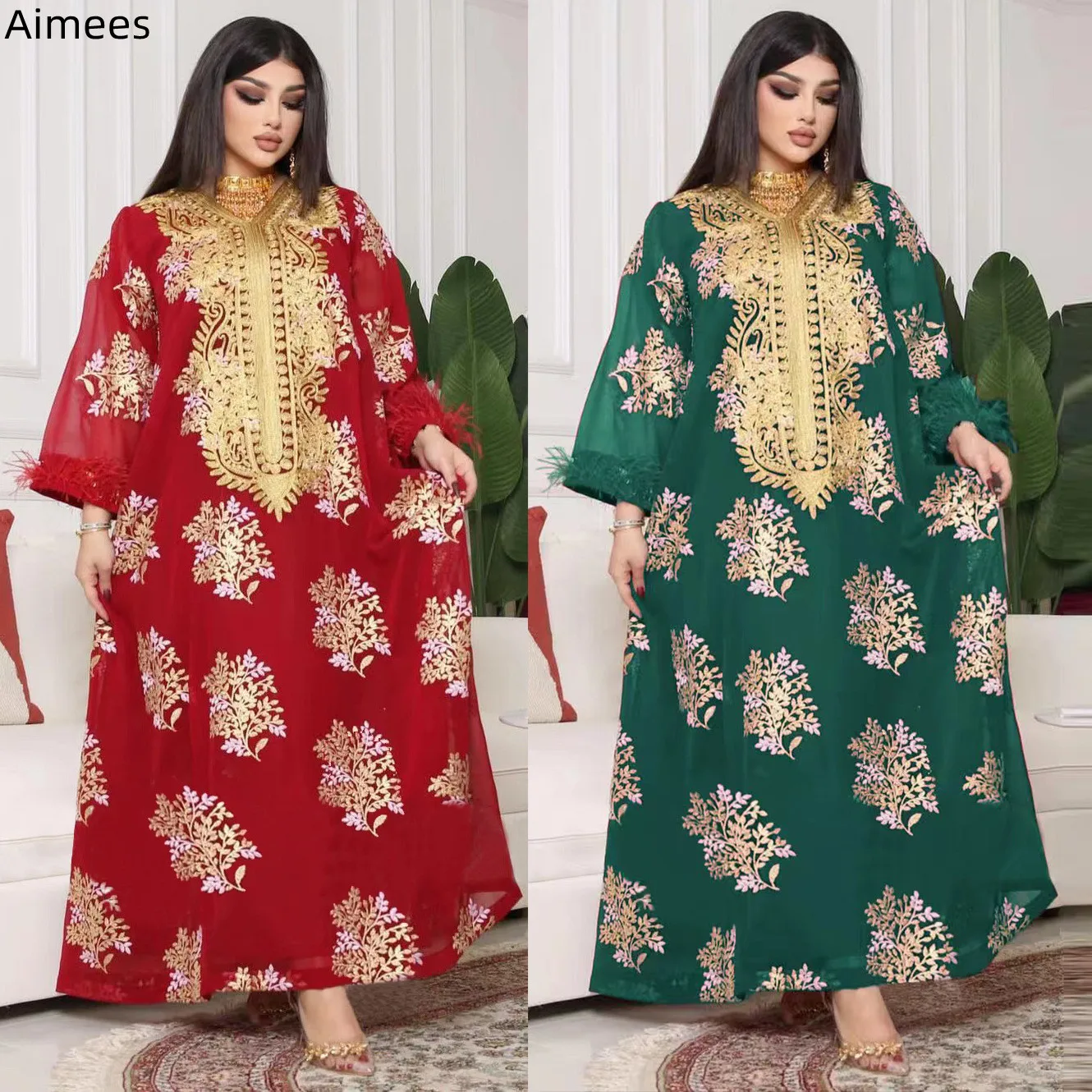 

Abaya Muslim Eevening Dress Gold Lace Appluque Feather Long Sleeves Dubai Arab Women's Turkey Clothing Middle East Jalabia