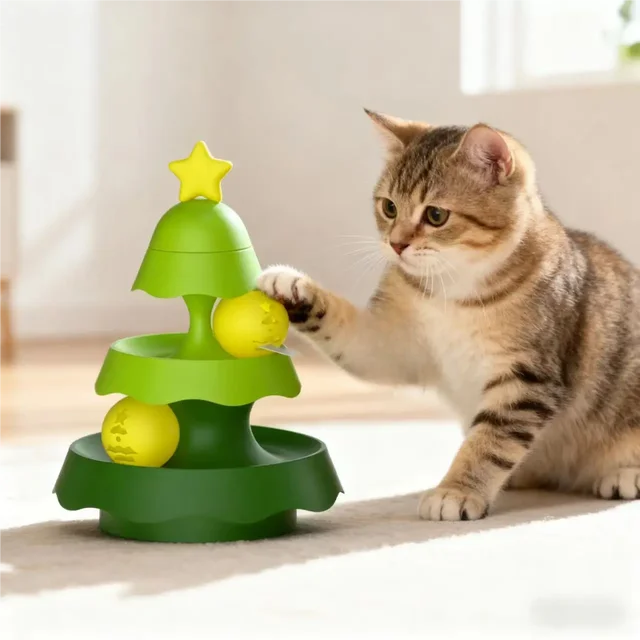 Cats Christmas Tree Mini Track Turntable Bell Glowing Ball Self Amusement Puzzle Pet Toy Interactive Durable Safe Non Toxic