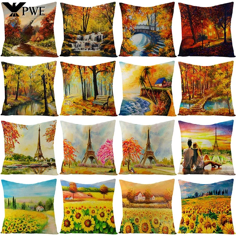 

Retro Flax Pillowcase Autumn Maple Leaf Sunflower Pattern Living Room Bedroom Sofa Decorative Pillowcase 45*45cm