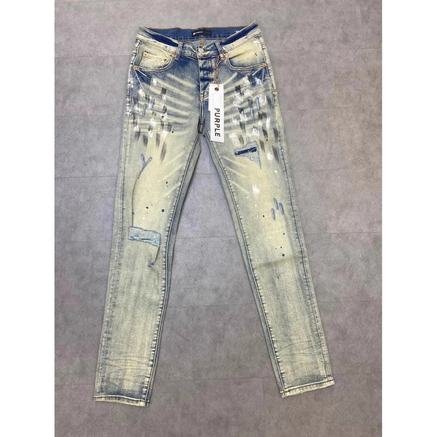 ג'ינס סלים פיט לגברים סגול מותג חדש עם חורים משוטפים, צבע דיו, רחוב אמריקאי גבוה, רגל ישרה, מותן בינוני, רוכסן, ג'ינס קז'ואלי