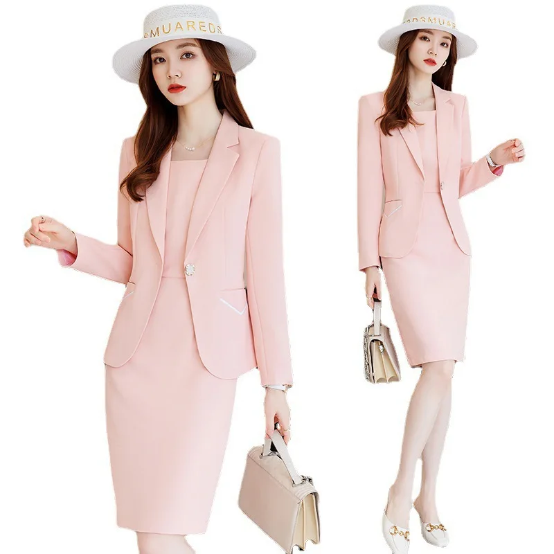 Long Sleeve Pink Professional Suit Set Premium Spring Coat Temperament Goddess Style  Two Piece Dress
