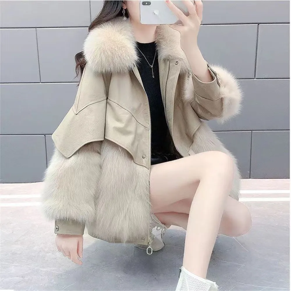 Women'S PU Leather Loose Coat, Faux Fox Hair, Splice, Mid-Length, Thickened, Warm, Fashion, New, Winter, 2024