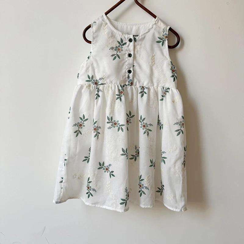 thumbnail image 1 of Ropa de verano para niños de 1 a 10 años, vestido elegante con chaleco bordado de flores para niñas, vestido sin mangas con cuello redondo para chico encantador, trajes para niñas, 1 of 6